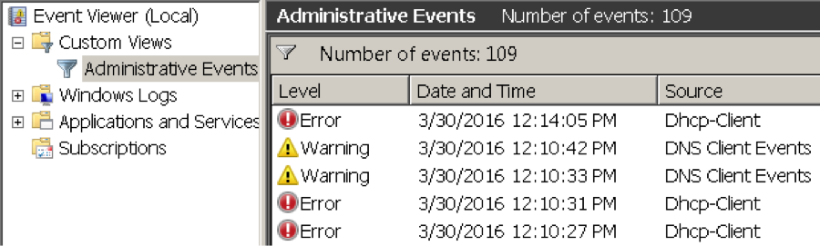 図1 侵害ではなく DNS エラーと DHCP エラーを示すイベント ビューア アプリケーション