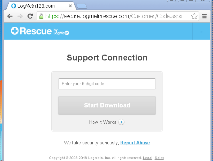 図2 Support.meはLogMeIn Rescue アプリケーションをダウンロードしインストールするための6桁のアクセス コードを要求