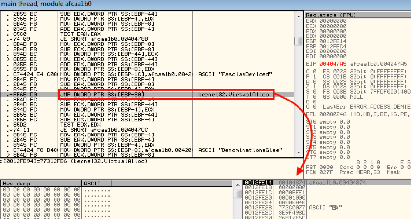 (VirtualAllocへJMPしてエンコードされたデータ用のスペースを割り当てる)