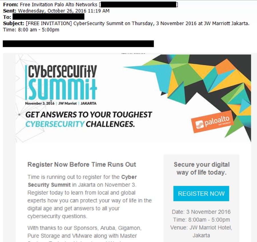 図1 ジャカルタ(インドネシア)でのサイバー セキュリティ サミットに関する、送信済みの正規のご案内電子メール