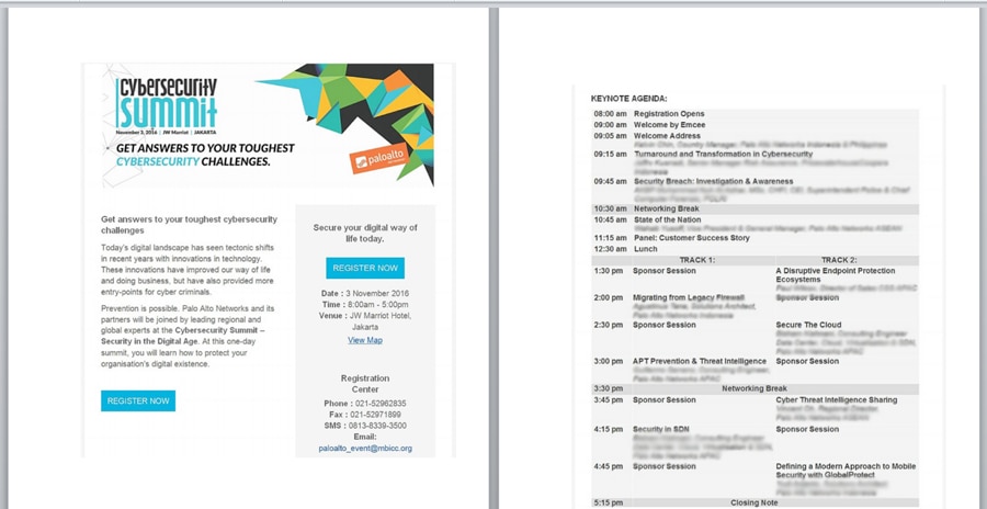 図2 ジャカルタでのサイバー セキュリティ サミットへの以前のご案内の画像を示すおとり文書