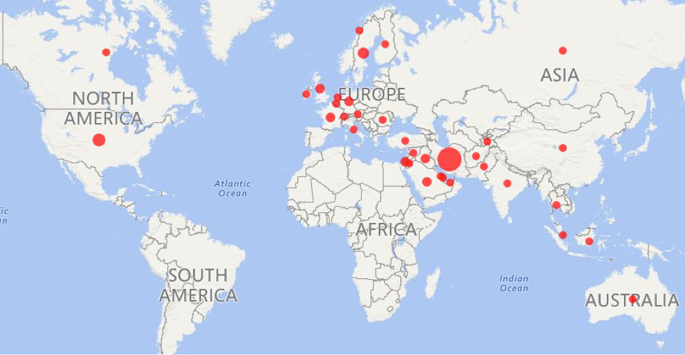 図2 被害者の地理的な場所。被害者が発見されなかったため、この地図ではニュージーランドが省略されています。