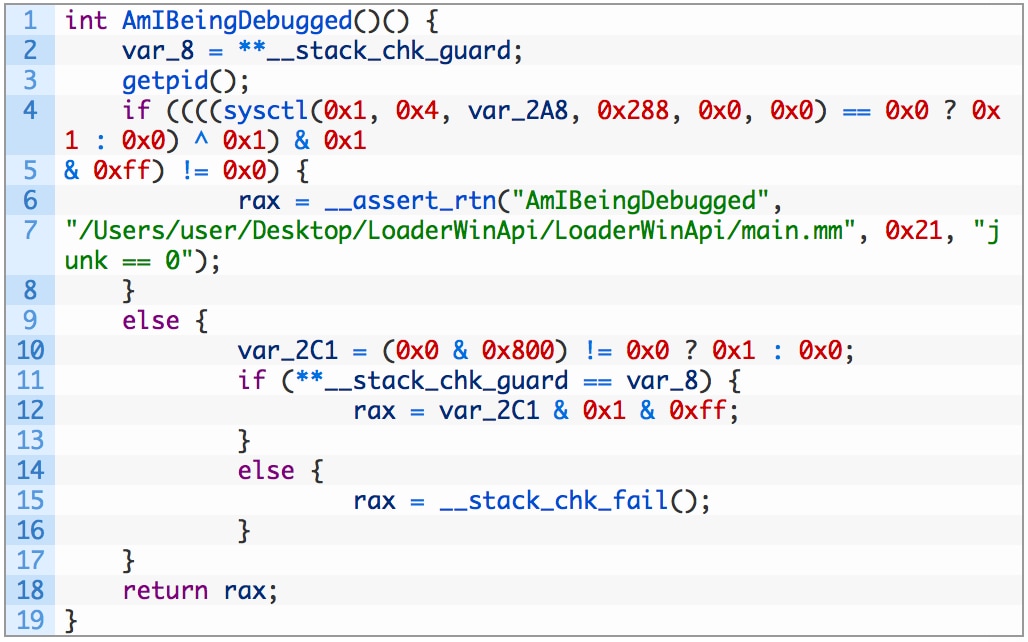 図6 分析対策手法として使用されたAmIBeingDebugged関数