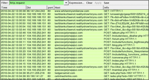 図2: 2016年04月22日にAngler EKがBedepを送信し、その後BedepがCryptXXXを送信した例