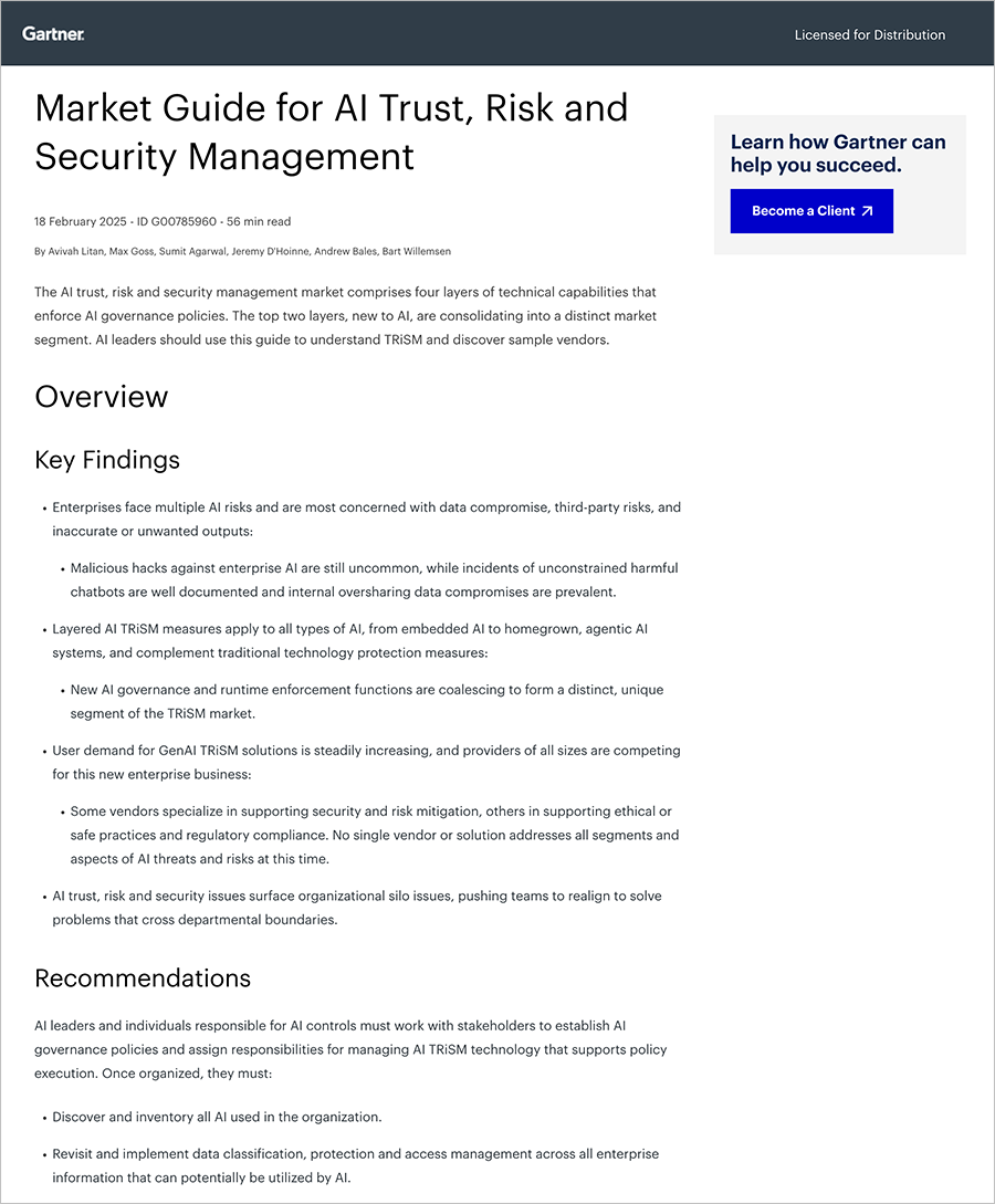 GartnerによるAIの信頼性、リスク、セキュリティ管理に関するマーケットガイド。