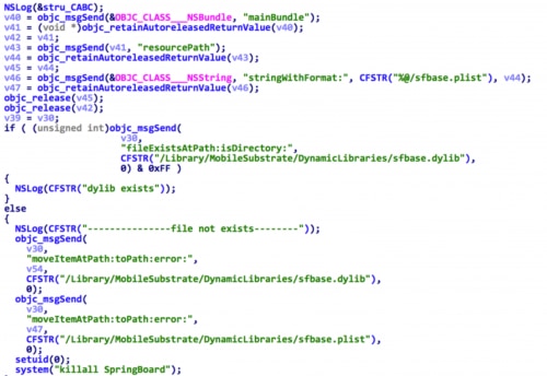 図7: iOSマルウェアによる特定場所への sfbase.dylib のコピー