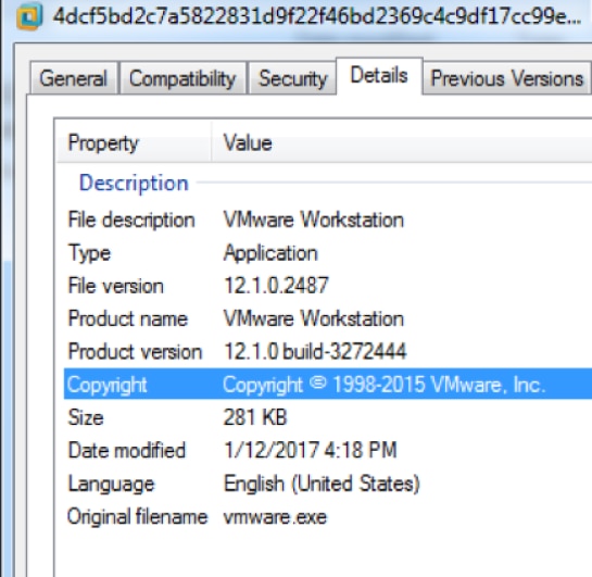 図11 – VMWareワークステーションとして成りすましたアプリケーション メタデータ