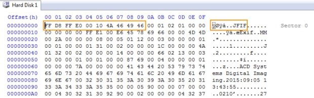 図7 MBRがJPEGファイルで上書きされたことを示す、物理ハード ディスクのセクター0の16進ダンプ