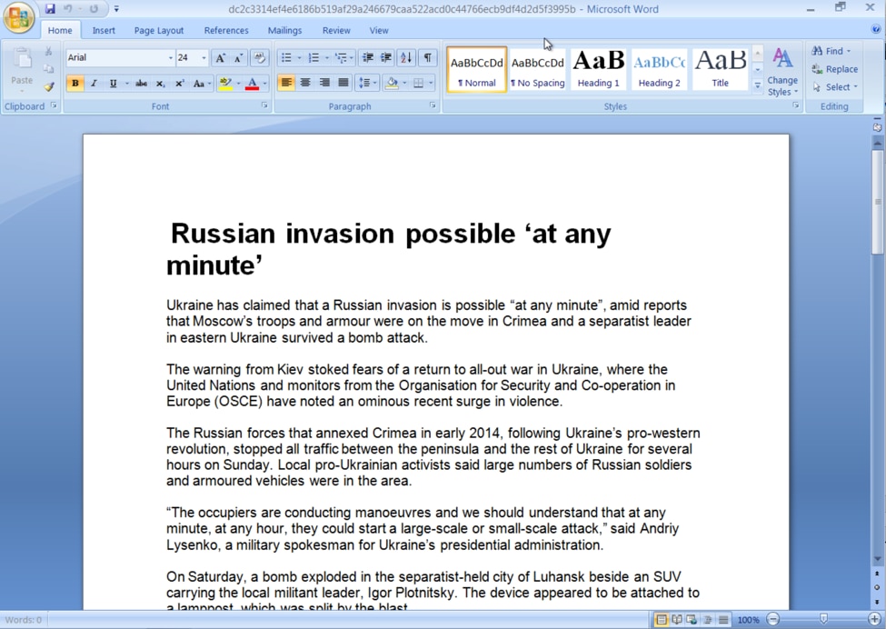 図2 ウクライナのロシア侵入の可能性に関するDealersChoice文書によって表示されるおとり文書